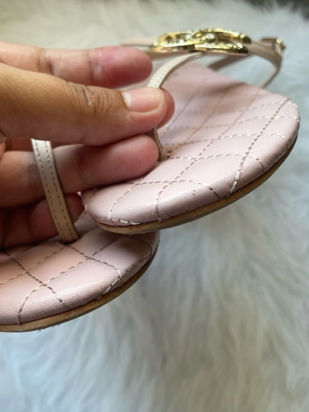 CHANEL Pink Quilted T-Strap Sandals with Gold CC Emblem